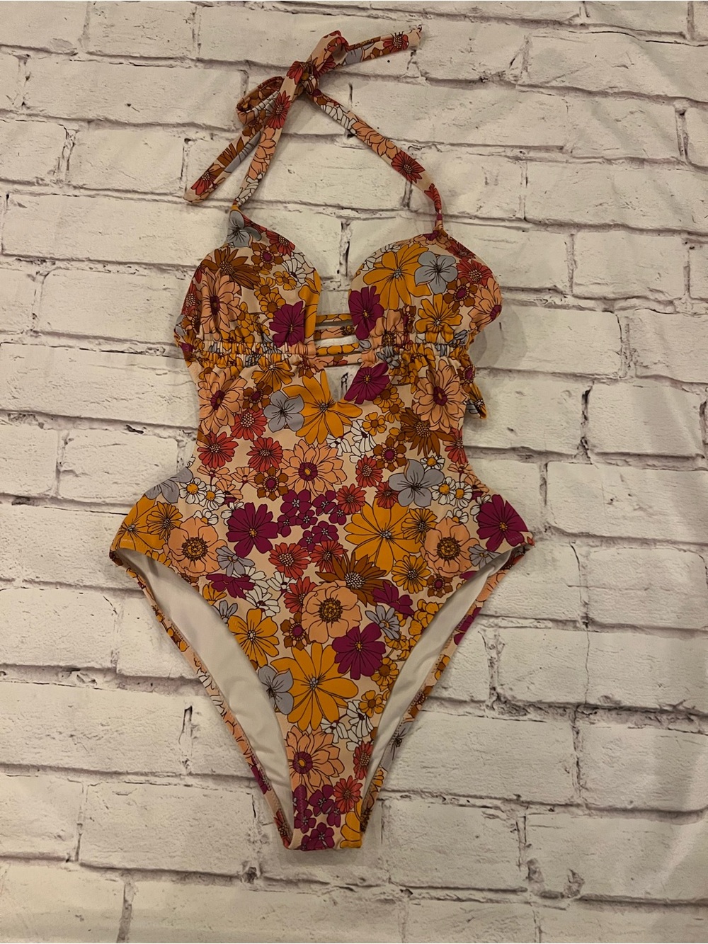 Shade and stone Floral Halter One-Piece Swimsuit in Mustard and Magenta